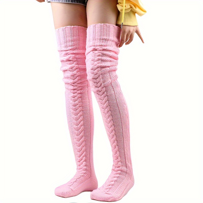 

Women's Plus Trendy Thigh High Stockings, Plus Size Solid Knitted Warm Thick Over The Knee Socks For Fall & Winter