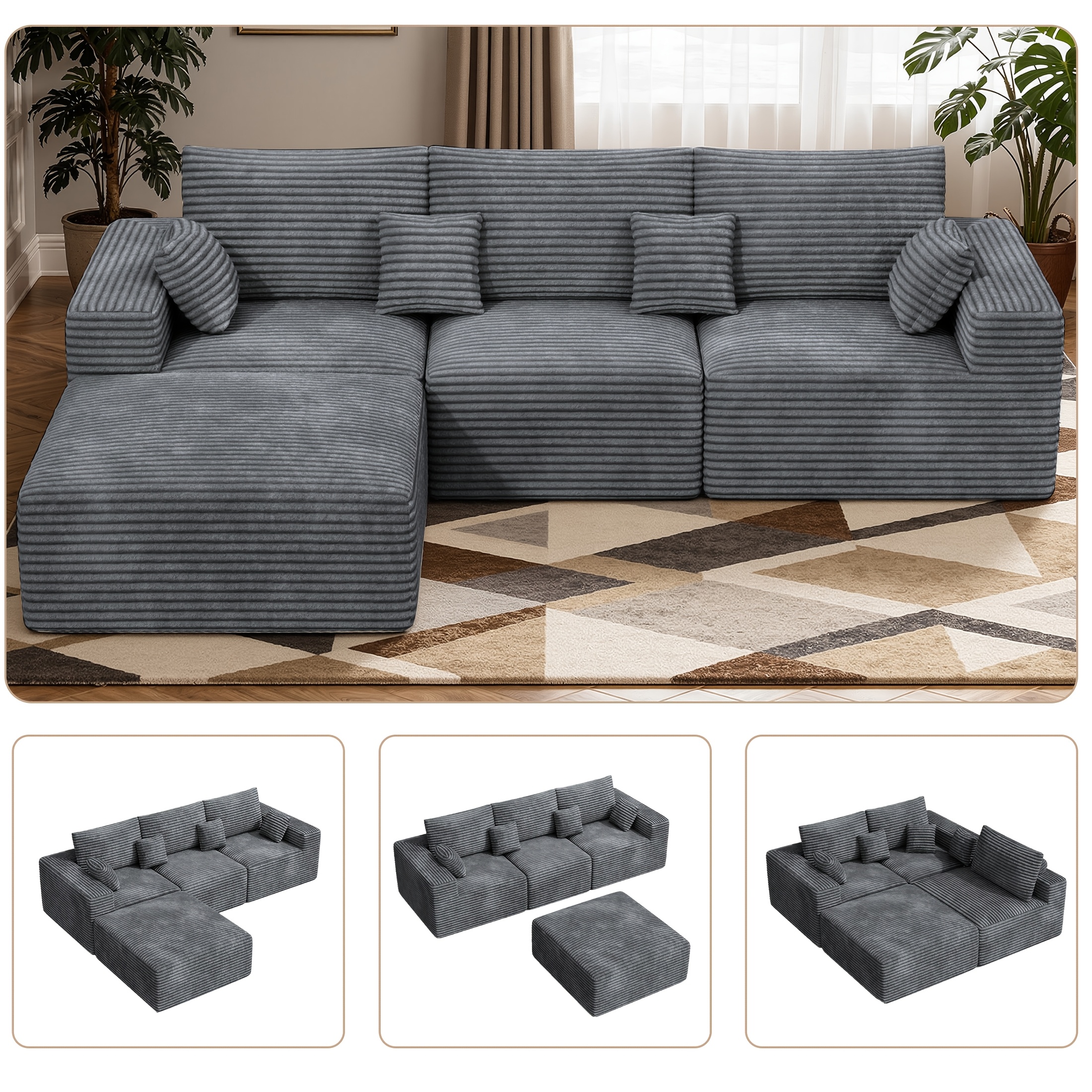 Nalupatio Modern Modular L-shaped Sofa Striped Upholstered Couch Shaped Sectional Sofa Scandinavian Style Comfortable Seating For Home/apartment