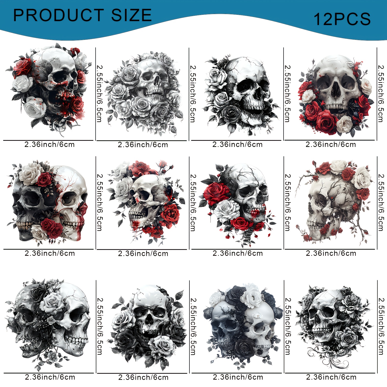 Image of 12pcs Gothic And Rose Uv Dtf Transfer Paper - Suitable For Diy Mugs, Notebooks, Water Bottles - Great For Creative Gifts, Halloween Decorations