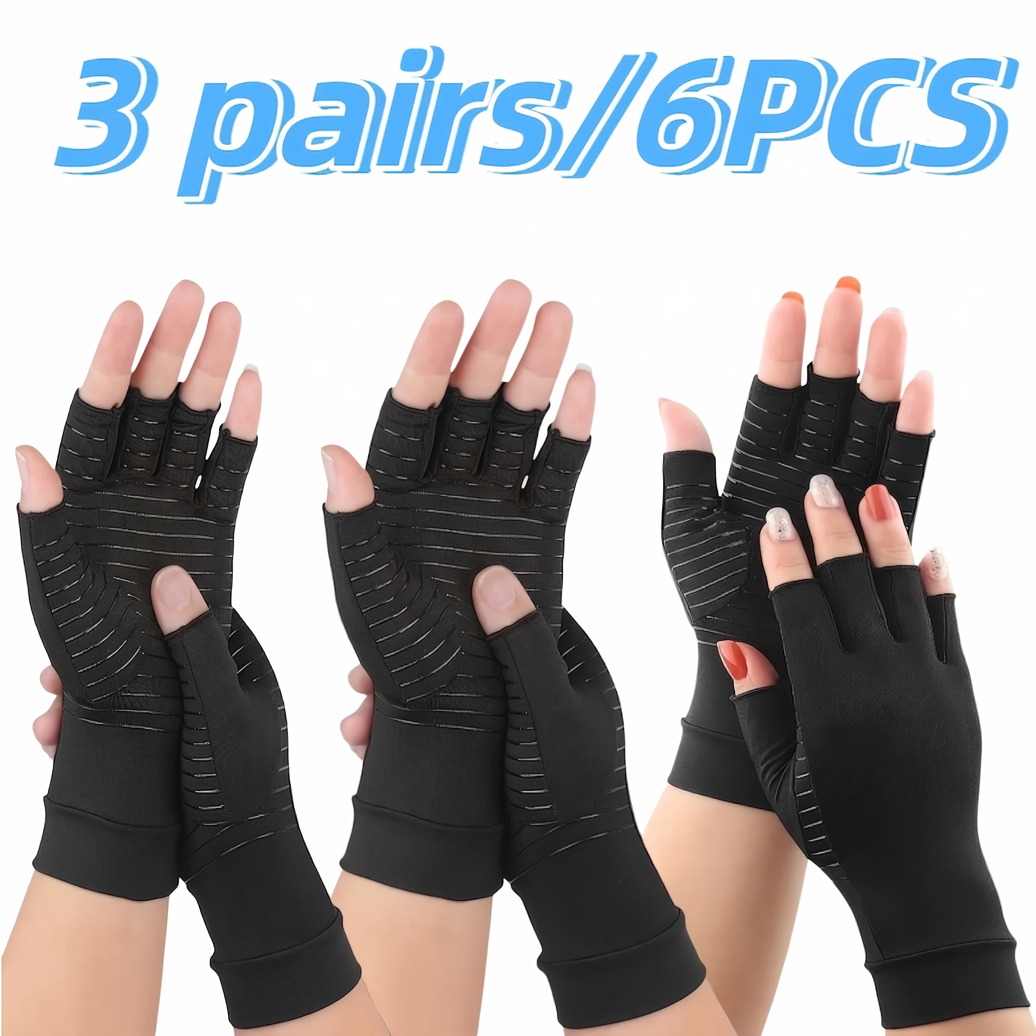 TEMU 3 Pairs/6pcs Copper Fiber Compression Gloves, Breathable And Flexible Support For Typing And Sports - Men's And Women's Black Hand Support