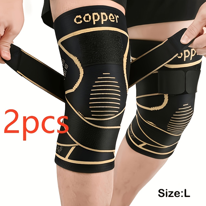TEMU 2 Copper Knee Braces With Straps - Black Compression Sleeves, Provide Stability, Nylon Blend, , With Strap Closure, Comfortable And Durable,
