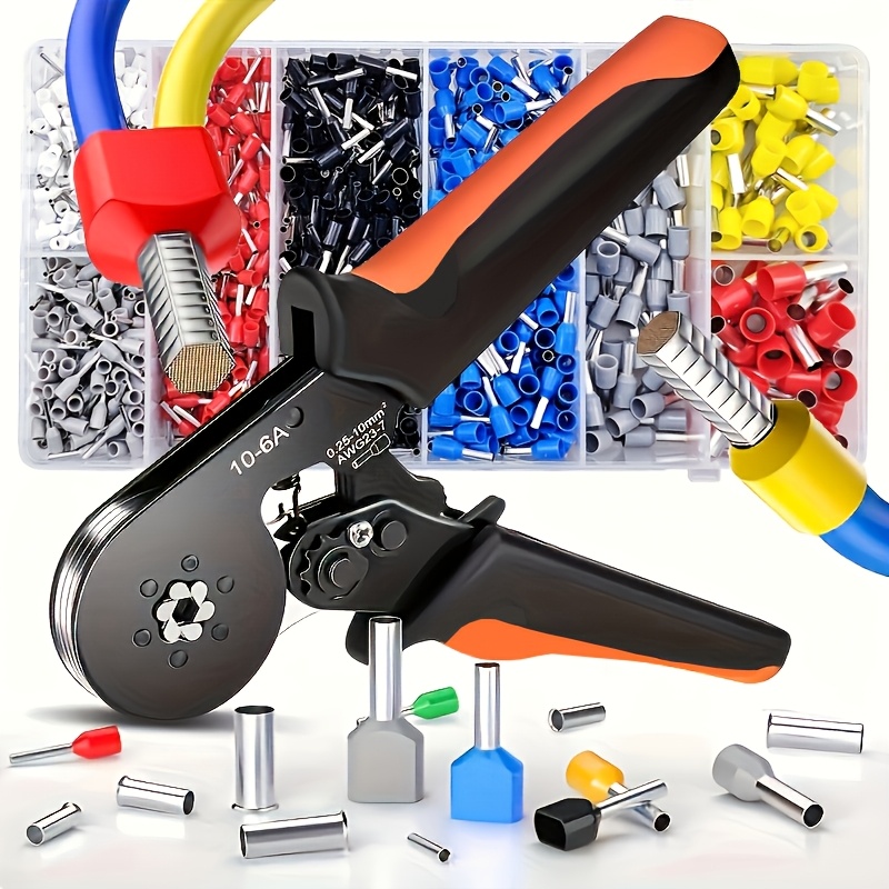 1200pcs wire terminals hsc8 10 6a crimping tool self adjusting ratchet crimper with 4 teeth hex crimper insulated terminals and alloy steel handle professional crimping pliers for awg23 7 wire ranges   as a set or individually