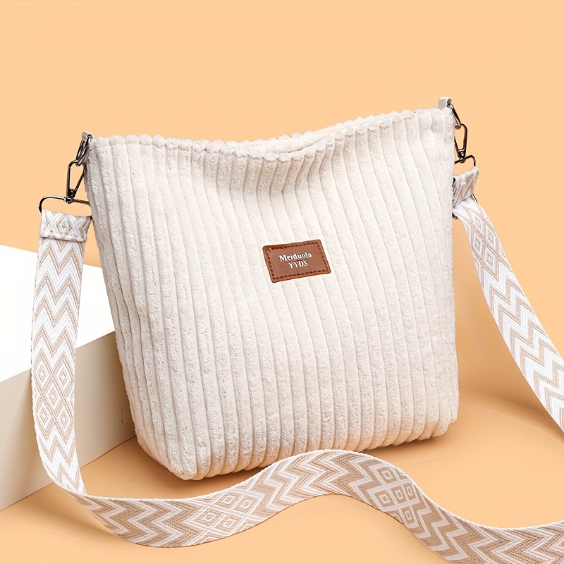 Fashion Corduroy Shoulder Bag | Comfortable Strap, Zipper Closure, Lining, In, Yellow, Green