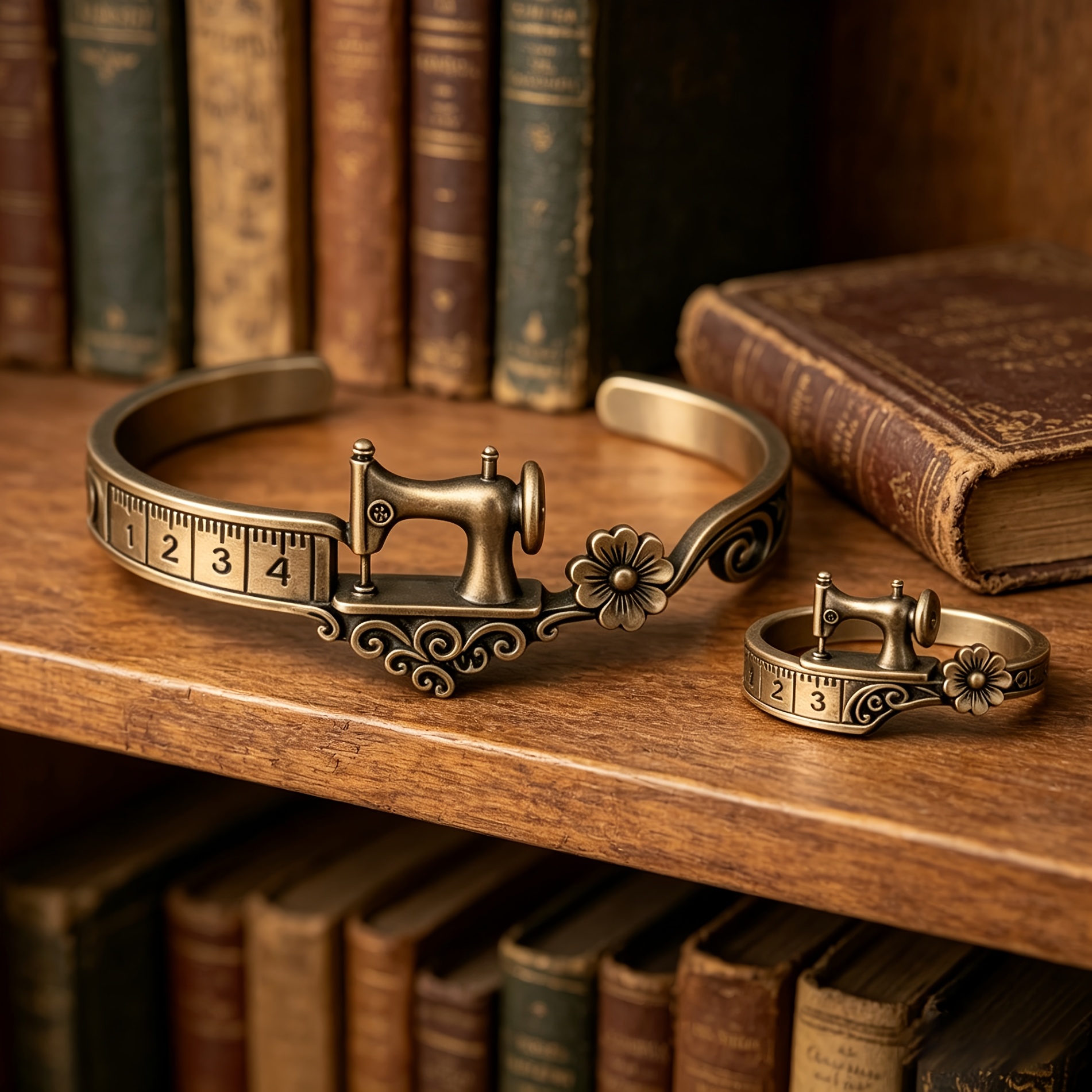 TEMU Ensemble 2pcs Bracelet et Bague Manchette Machine à Coudre Vintage, Style Steampunk Rétro, Parfait comme Cadeau pour Tailleur Couturière,
