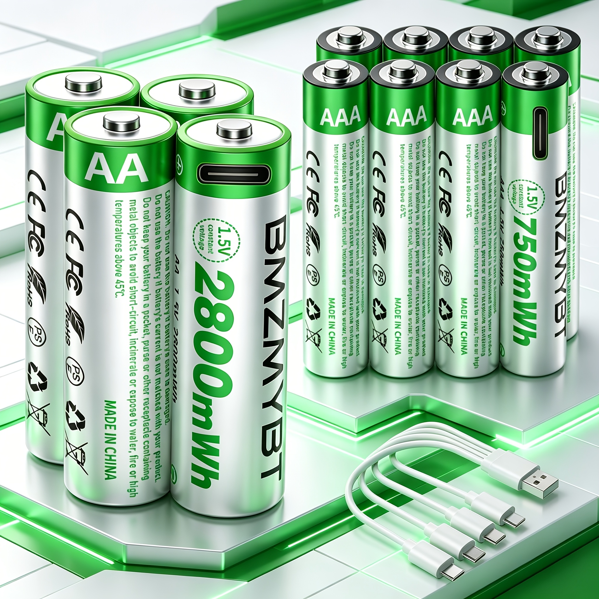 4x AA + 8x AAA baterij, USB/Type- AAA polnilne litij-ionske baterije, visoka zmogljivost 1,5 V 1867 mAh 2800 mWh + 500 mAh 750 mWh polnilna