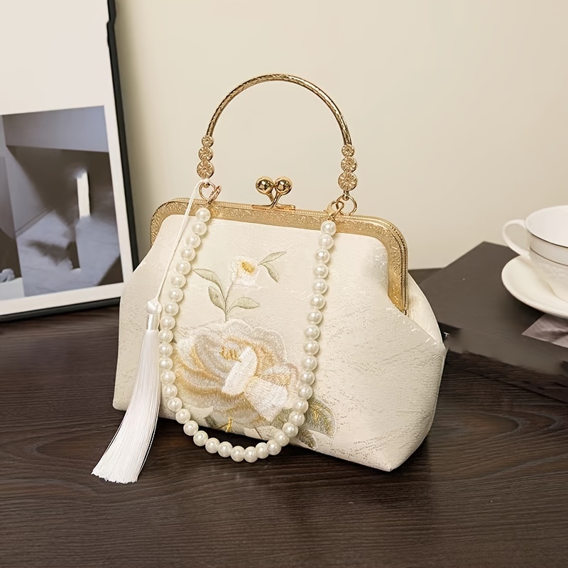 

Embroidered Cheongsam Handbag, Elegant Faux Pearl Chain Clip Purse, Retro Chinese Clutch Bag For Women
