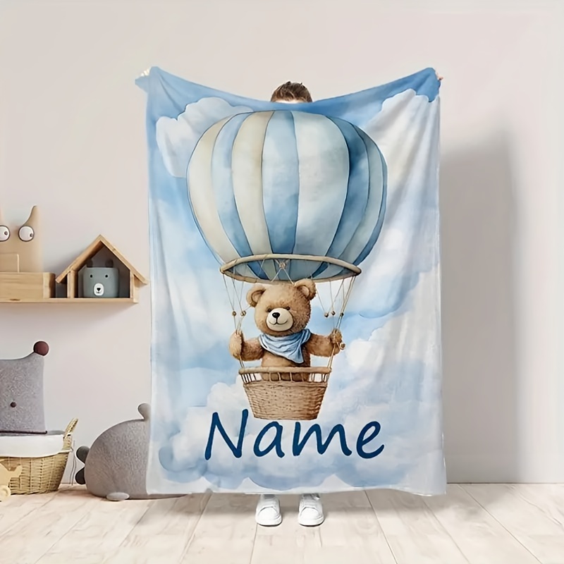 

Custom Name Flannel Throw Blanket - Cozy Cartoon Bear & Hot Air , Couch, Bed, Office, And Outdoor Use - Machine Washable, Gift Idea