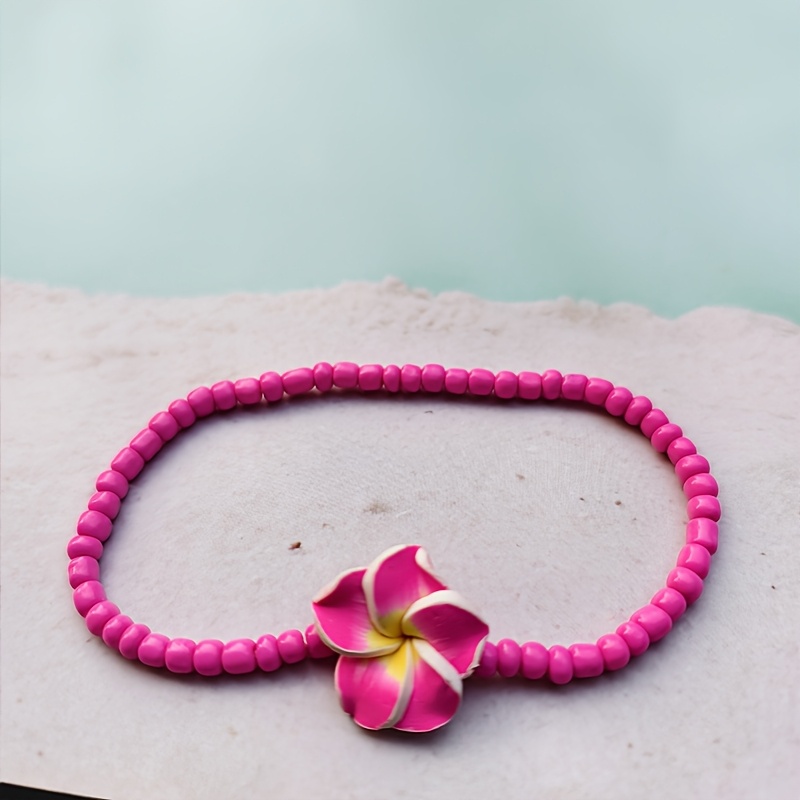 1pc Summer Floral Polymer Clay Plumeria Beaded Anklet, Bohemian Beach Beautiful Foot Jewelry, For Teenager