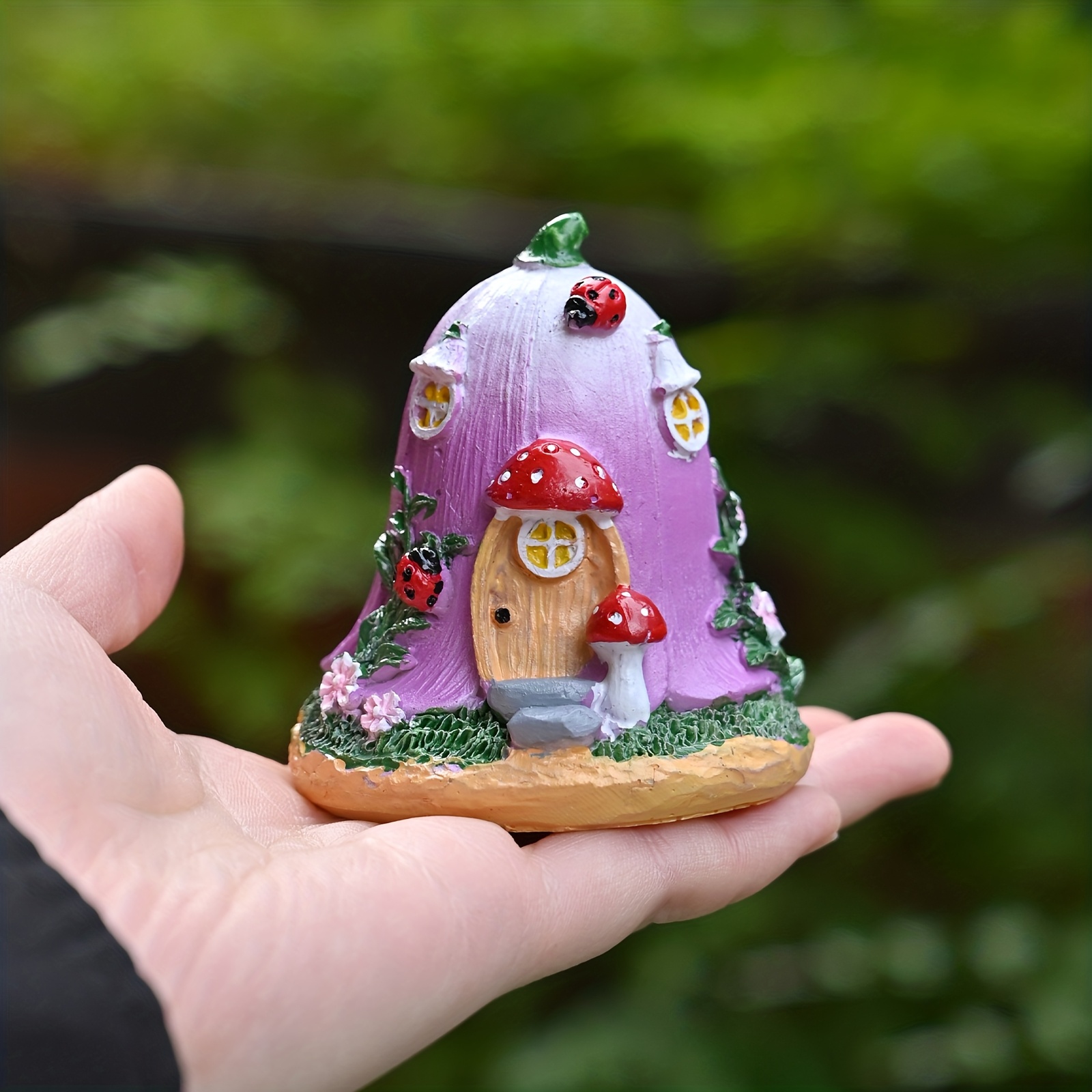 Image of 1pc Fairy House With Magical Door & Mushroom Garden - Purple & House With Red Door, Green Base, Miniature Garden Decor For Indoor/outdoor
