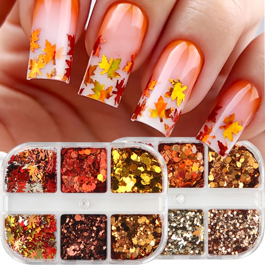 Reddish Brown Tones Fall Maple Leaf Nail Glitter Sequins Set