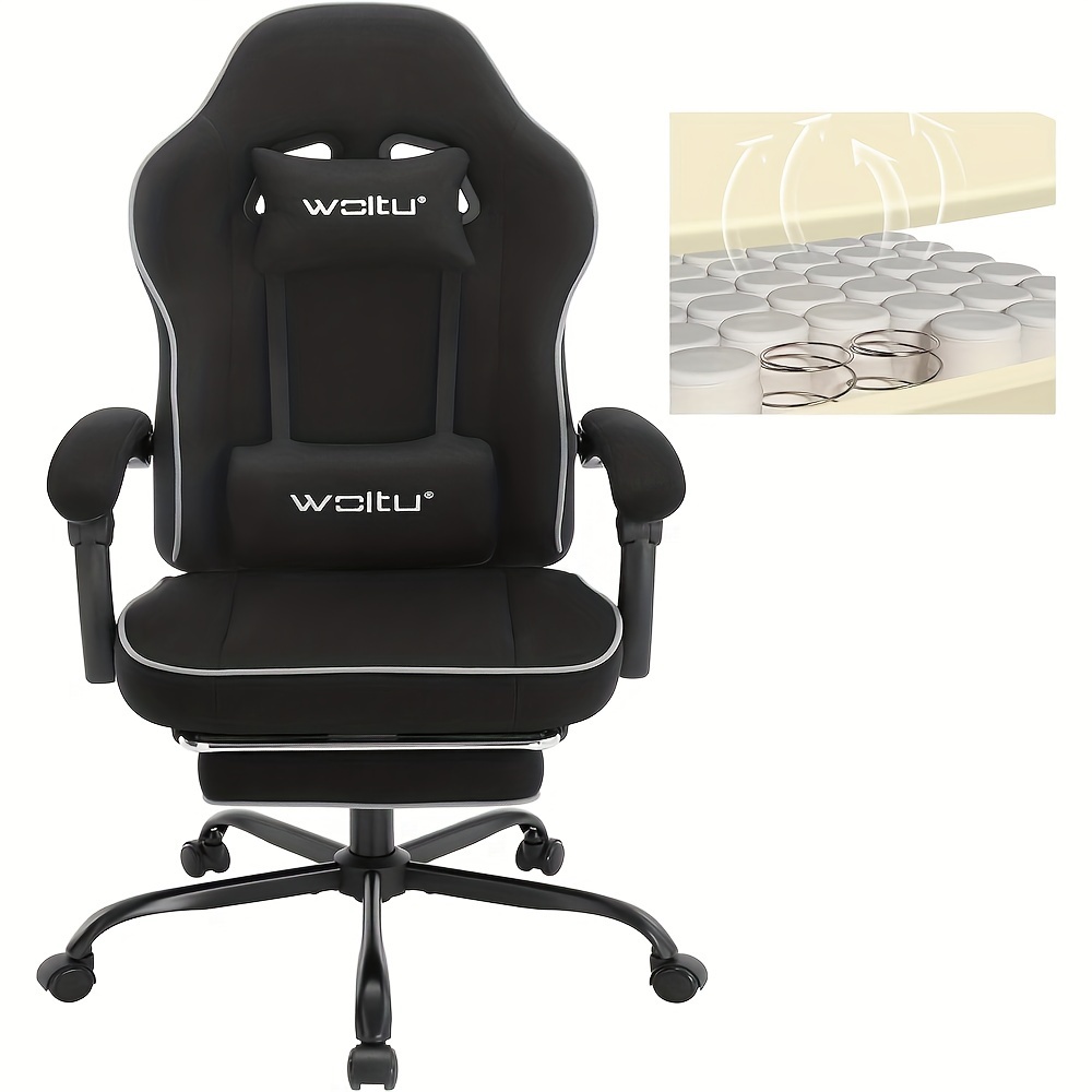 Fauteuil de jeu 1pc avec coussin d'assise à ressorts ensachés, fauteuil de jeu d'une capacité de charge de 150 kg, fauteuil pivotant ergonomique, fauteuil de jeu avec oreiller, coussin lombaire, repose-pieds, tissu en maille