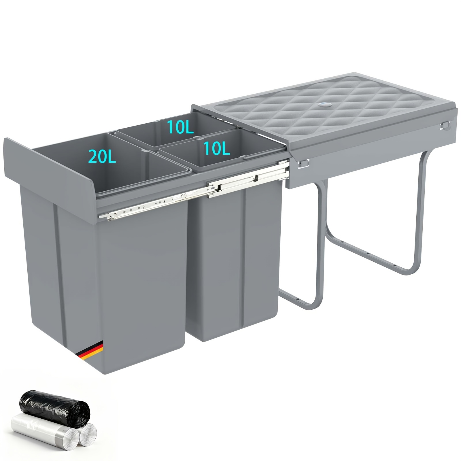 Built-in Trash Can For Base Cabinet, 3-compartment Waste System 40l (20l+10l+10l), Pull-out Kitchen Trash Can With Rail And Lid