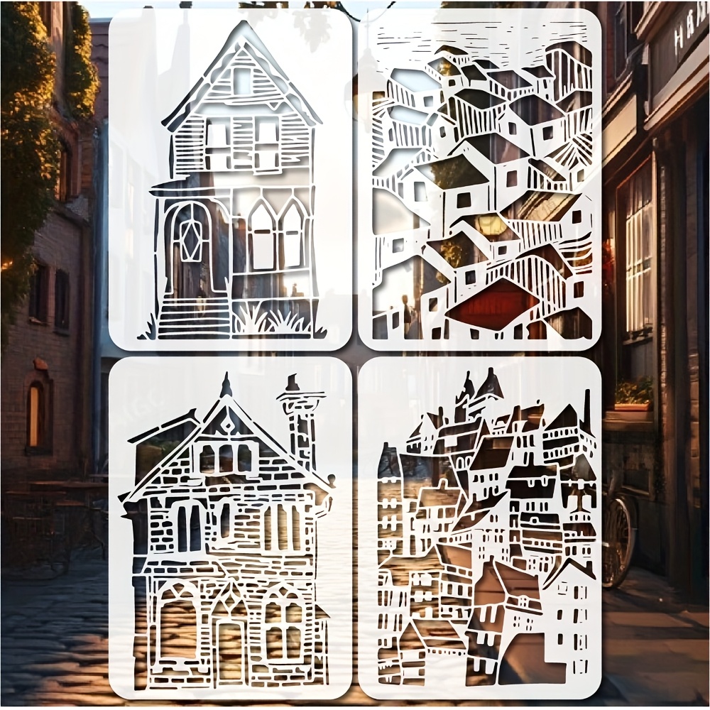 E-shop 4 wiederverwendbare - & -Schablonen, 8,3" x 11,7" A4 Größe Europäische Cottage/Dorf--Vorlagen, Kunstmalerei-Schablonen für Holz, Wand, Stoff,
