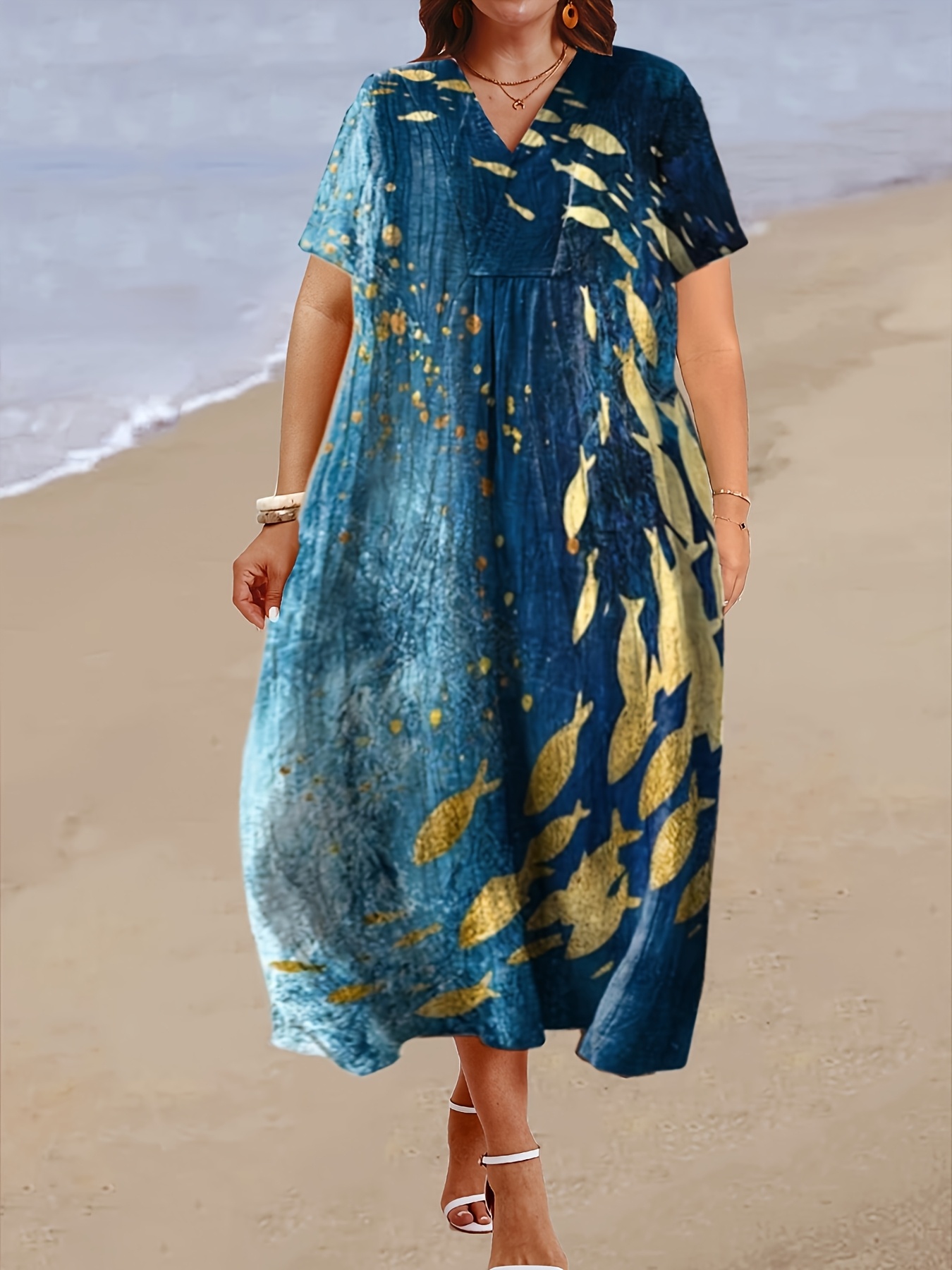 plus size oversized casual dress sardine art print dress - Temu
