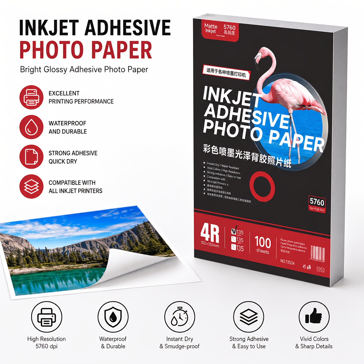 TEMU Papier photo adhésif jet d'encre 4R (102 X 152 mm), papier autocollant brillant, séchage instantané, compatible avec toutes les imprimantes jet