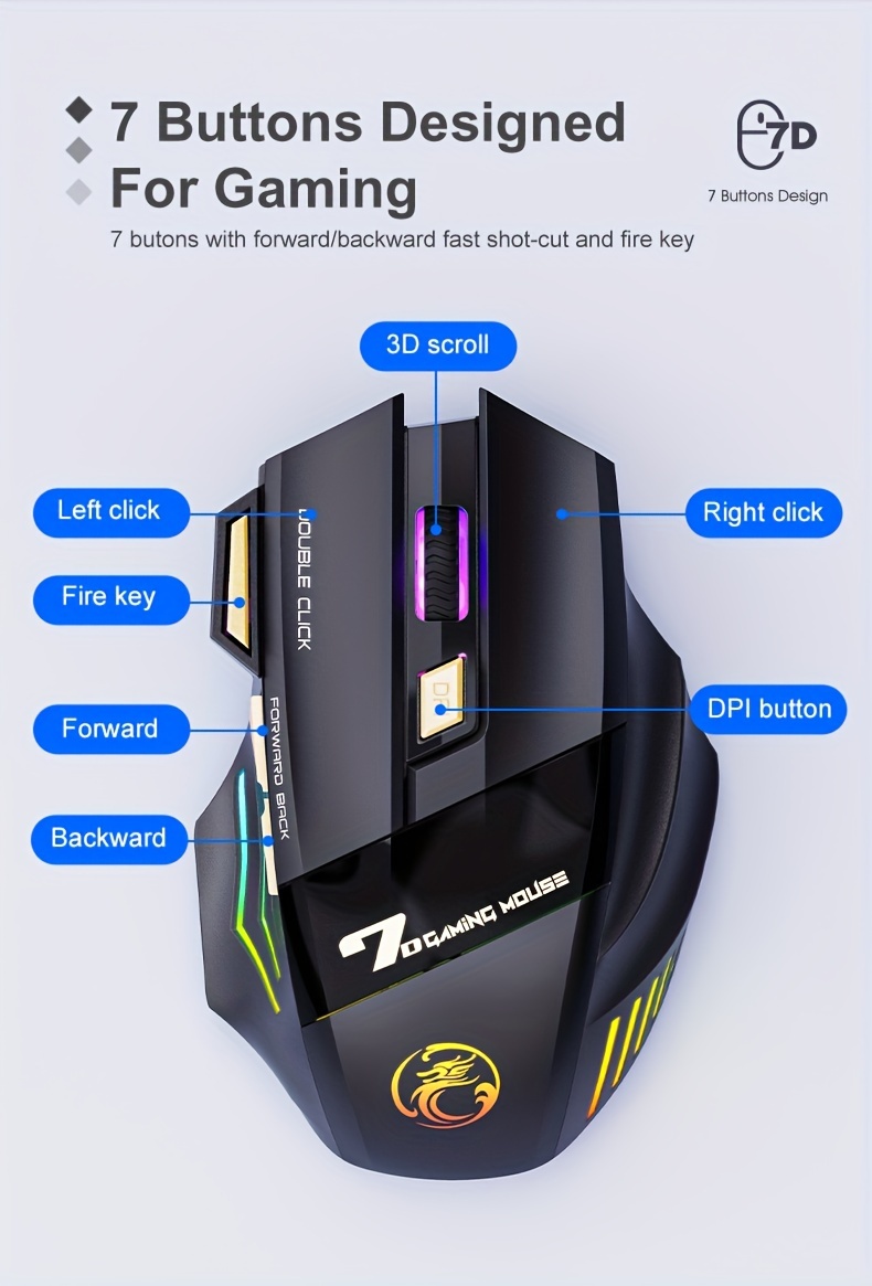 USB Wiederaufladbare Maus mit 7 Tasten, 2.4G Leiser Betrieb, 7-Farben Atmungsaktive LED, Kabellose Gaming Maus, Ergonomisches Design mit RGB Hintergrundbeleuchtung, Geeignet für Laptops