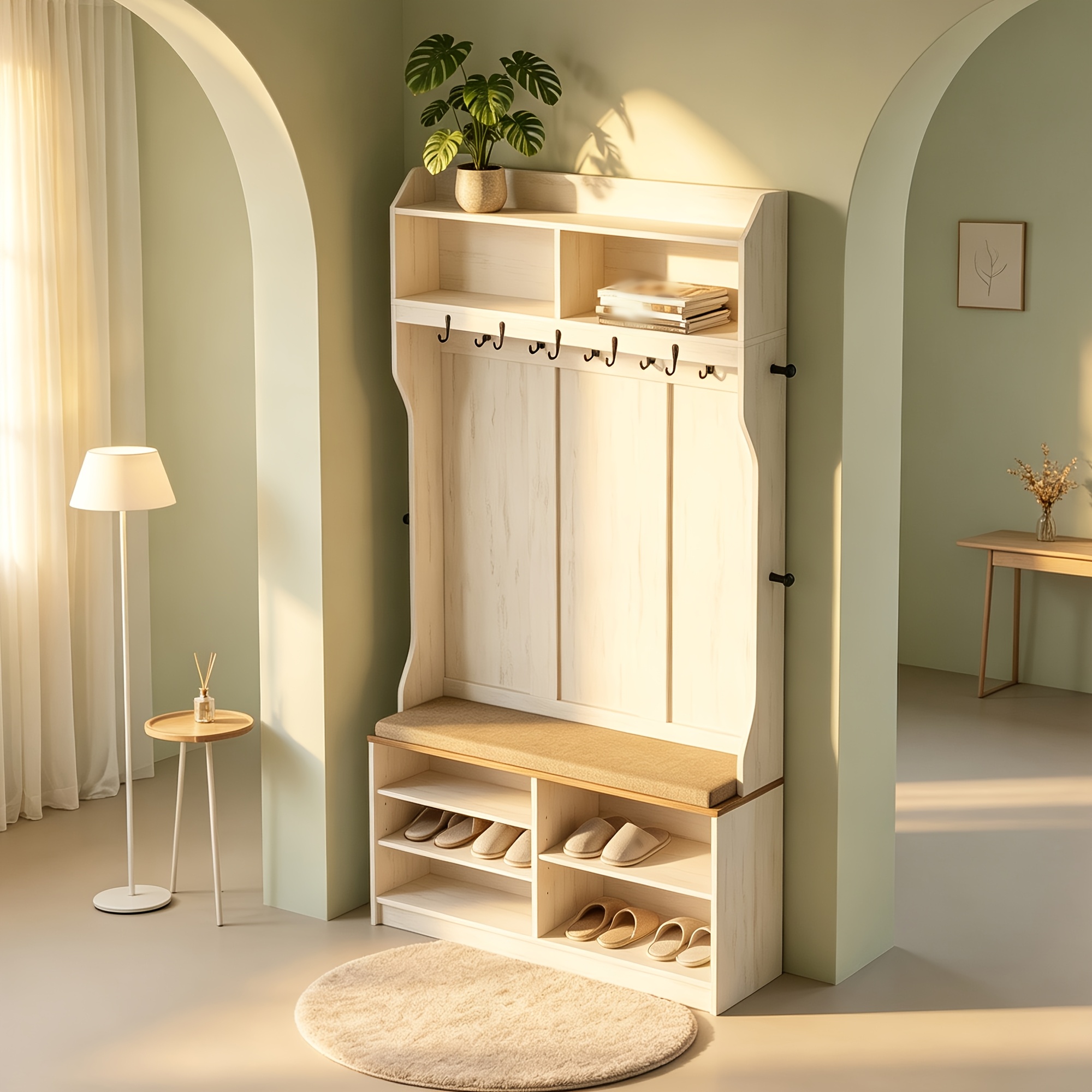 Image of A Soothing, Floor-standing Coat Rack For | A Entryway Shelf With 14 Coat Hooks And 7 Open Storage Compartments, Adjustable Shelves, Suitable For , Living Rooms, And .