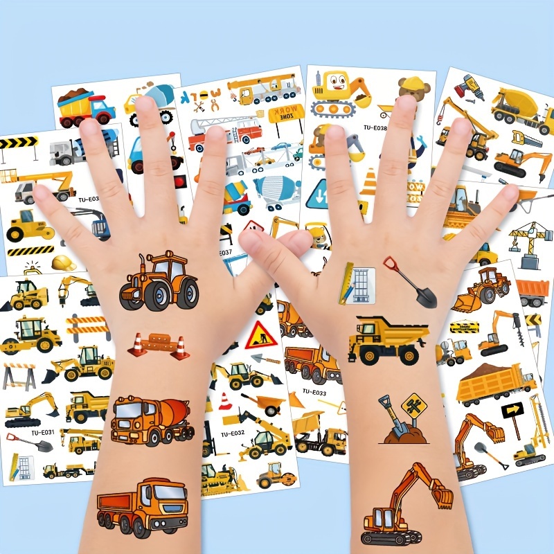 

10pcs Cartoon Engineering Vehicle Excavator Tattoo Stickers, Cute Temporary Tattoos For Boys, Birthday Decorations, Gift Bag Fillers