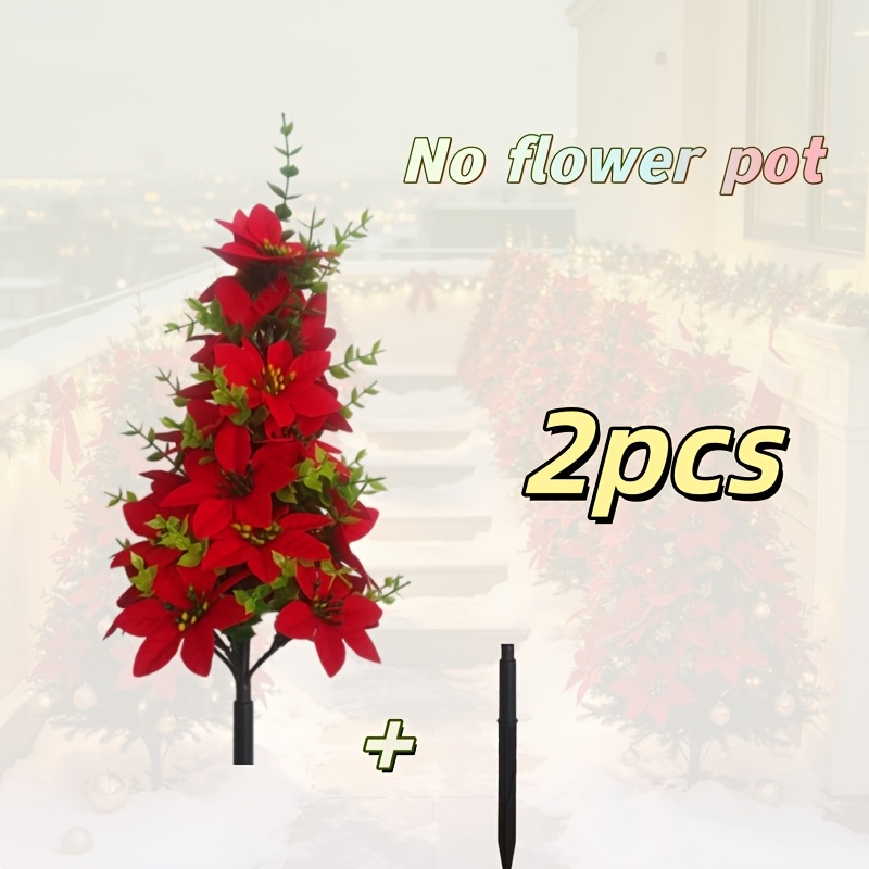 TEMU 2pcs Set - New Style Artificial Poinsettia Christmas , Includes 1 Eucalyptus Poinsettia Tree + 1 . Suitable For Lawn Planters, Flower Beds, ,