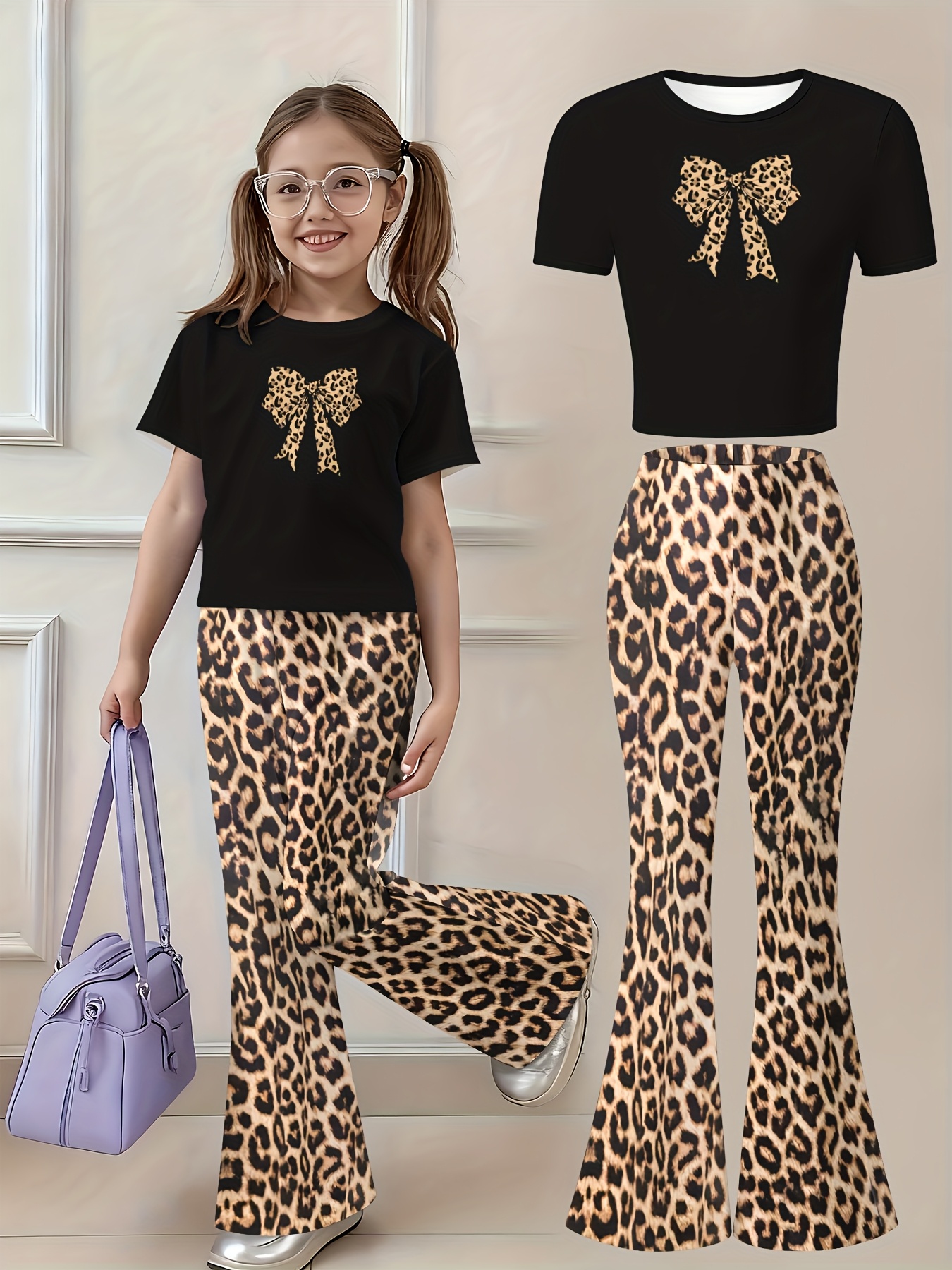 Set pentru Fete - 2 Piese: Bluză cu Mânecă Scurtă și Pantaloni Evazați, Ideal pentru Adolescente ca Îmbrăcăminte Casual. Stil Adorabil și Design Vesel, Perfect atât pentru Interior, cât și pentru Exterior