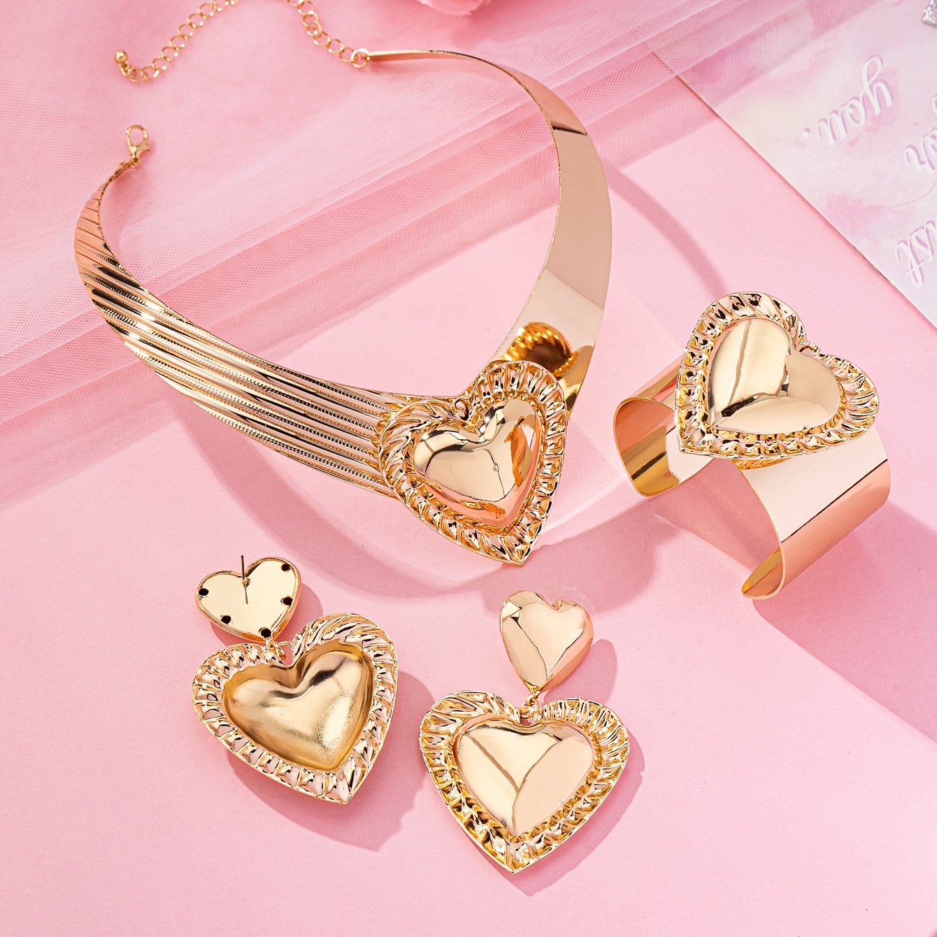 TEMU 4pcs Elegant Cheap Things Gift Set Heart-shaped Hoop Bracelet And Earrings, Women's Valentine's Day, Parties, Casual Attire