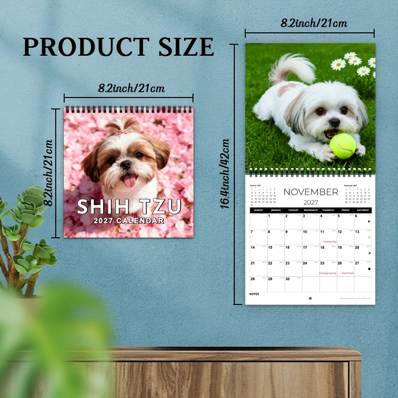 TEMU Agenda mural pliant 2027 avec motif de chien Shih Tzu, mise en page à grille carrée large de 12 mois, photos mensuelles et fermeture, , , plan ,