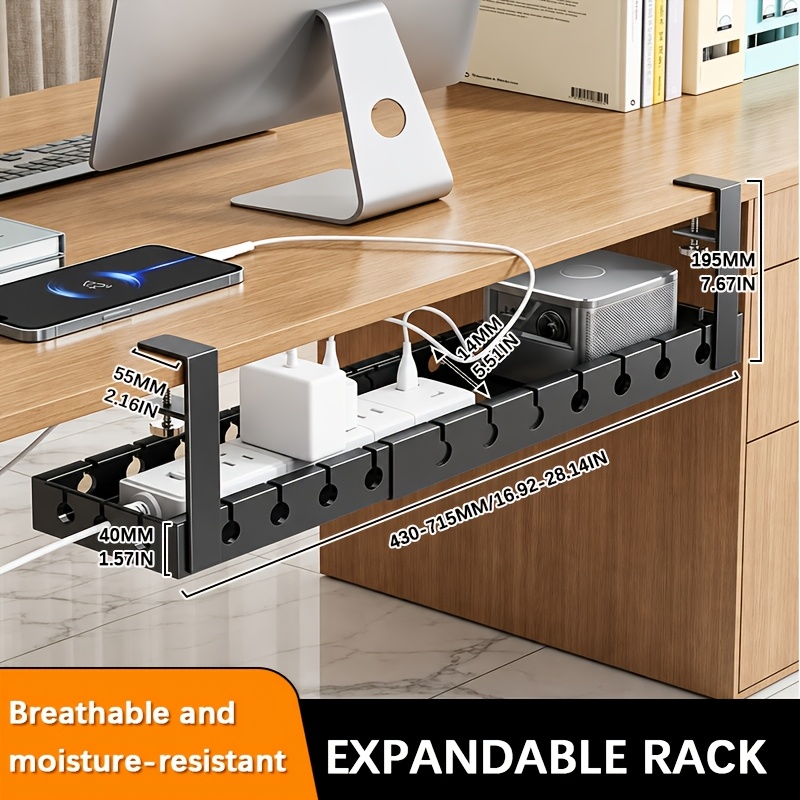 TEMU Clamp On Underdesk Cable Management Tray, Heavy-duty Steel Expandable Adjustable Organizer Rack, No Drill Hidden Cord Storage Basket, Suitable