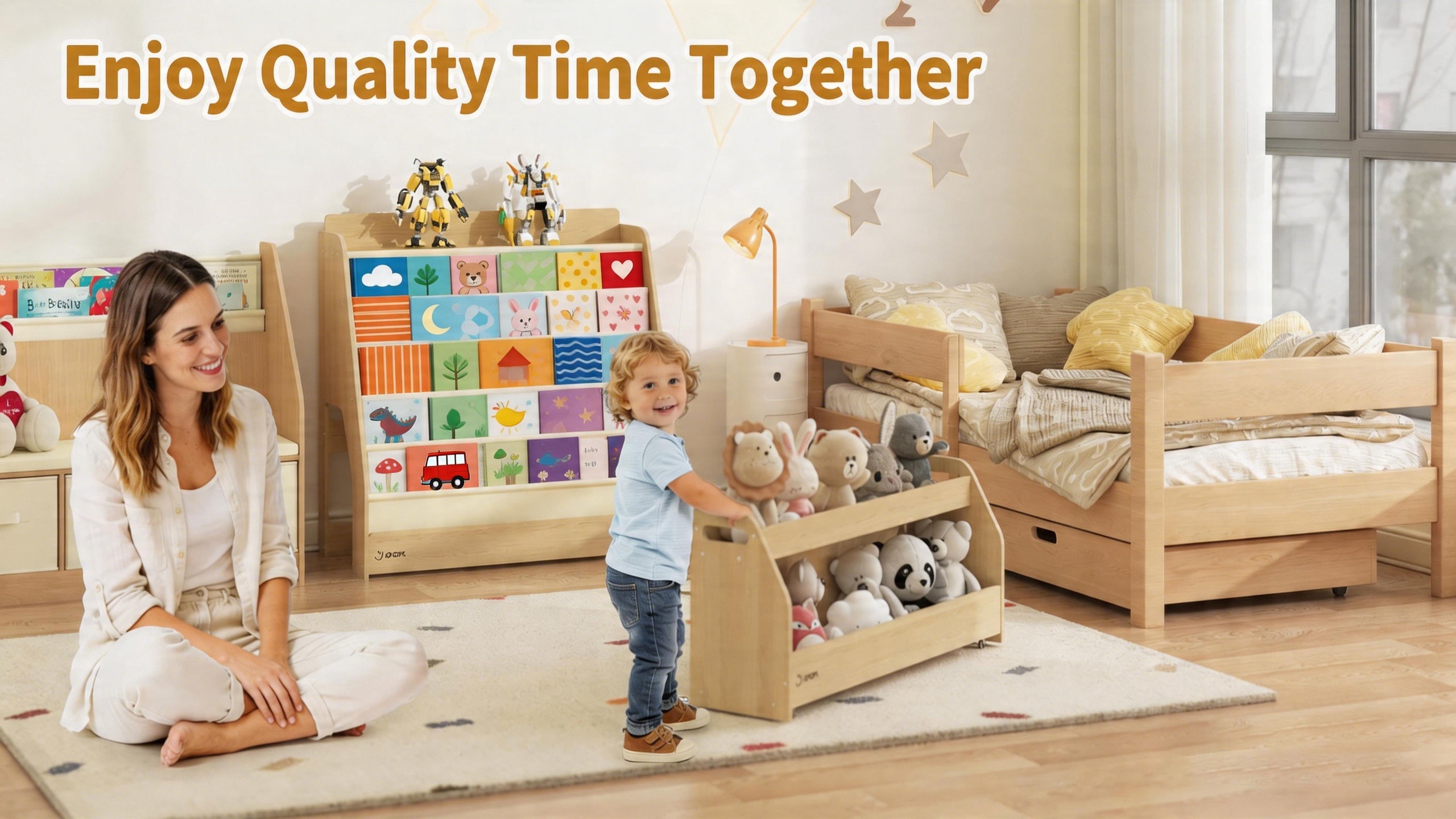 Triple Combination And Book Storage Organizer With Wheels - 5-tier Bookshelf + Mobile Storage Cart With Hidden Drawers, Space-saving Wooden Storage Cabinet, Suitable For Bedrooms, Playrooms, And Nurseries.