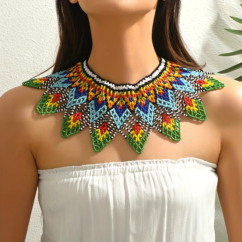 TEMU Bohemian Ethnic Style Hand-woven Rice Bead Geometric Shawl Necklace For Women. Hand-woven Rice May
