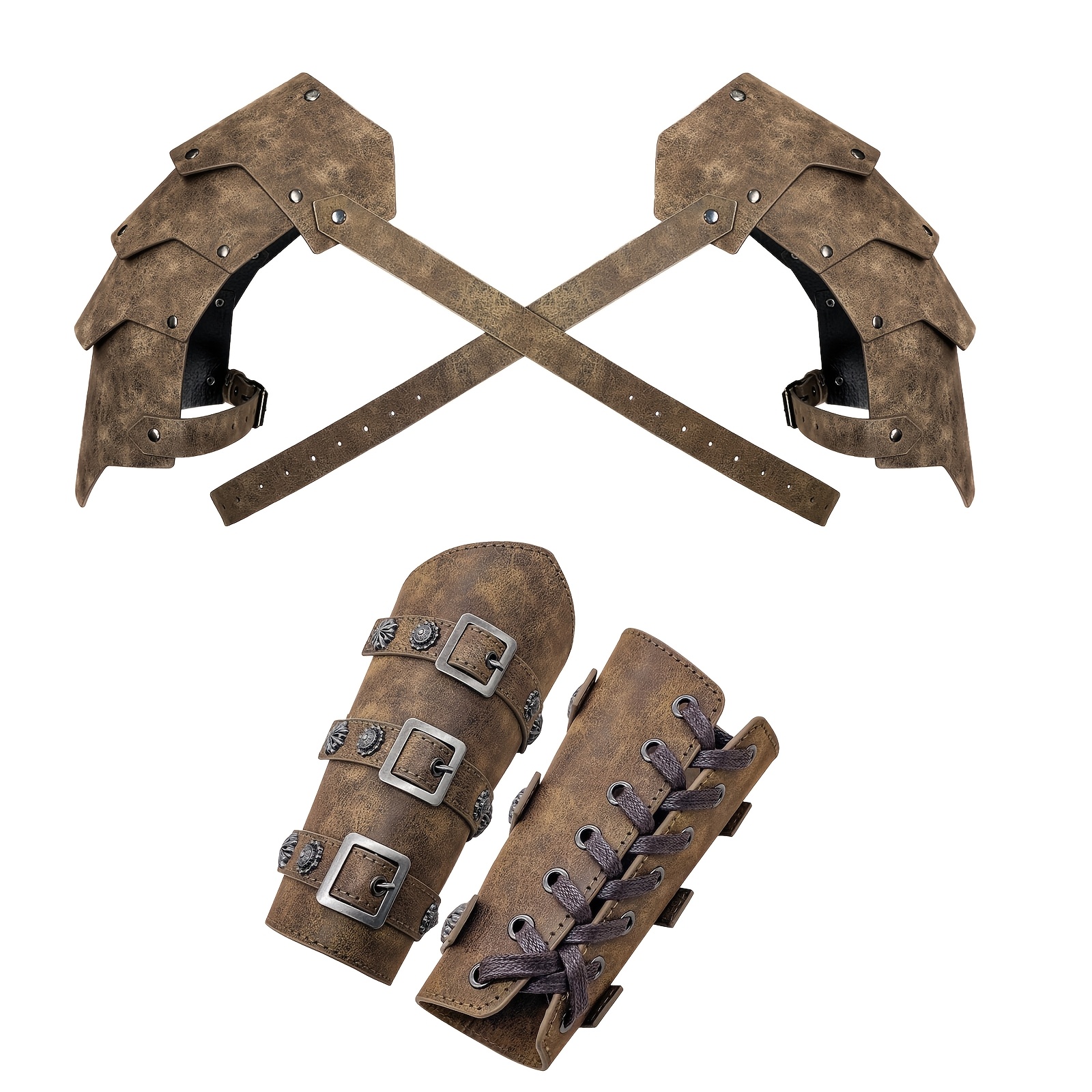 Image of 3pcs Medieval Wrist Guards, Shoulder Guards, Adjustable Pu Leather Shoulder Guards And Arm Guards, Suitable For Festivals, Parties, Costume Accessories, Stage Performances, And Themed Events
