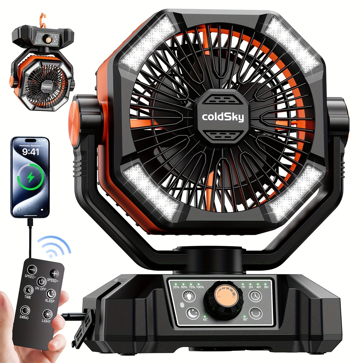 20000mah battery powered camping fan dual motor 8 speed with remote   led lanterns portable outdoor fan with hook for   outage construction site camping gear and equipment