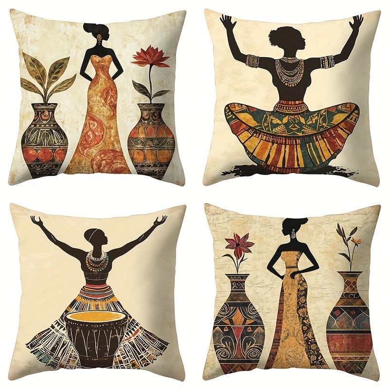 TEMU 4pcs, Ethnic Style, African Lady Pattern, Warm And Comfortable, Beautiful And Practical, 17.72 Inches * 17.72 Inches, Suitable For Home Sofa