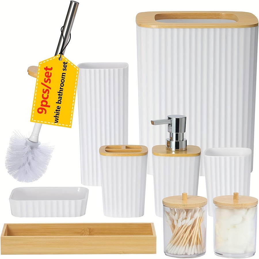 

Bathroom Accessories Set, 9 Piece White Bathroom Sets Complete With Toothbrush Holder, Trash Can, Lotion Soap Dispenser, Toothbrush Cup, Vanity Tray, Soap Dish, Toilet Brush, Qtip Holder For