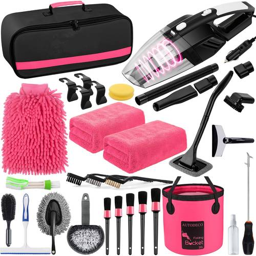 41pcs car cleaning and washing kit for interior detailing featuring a powerful handheld vacuum a collapsible bucket windshield tools a snow shovel tire brush and set of car care tools in and blue