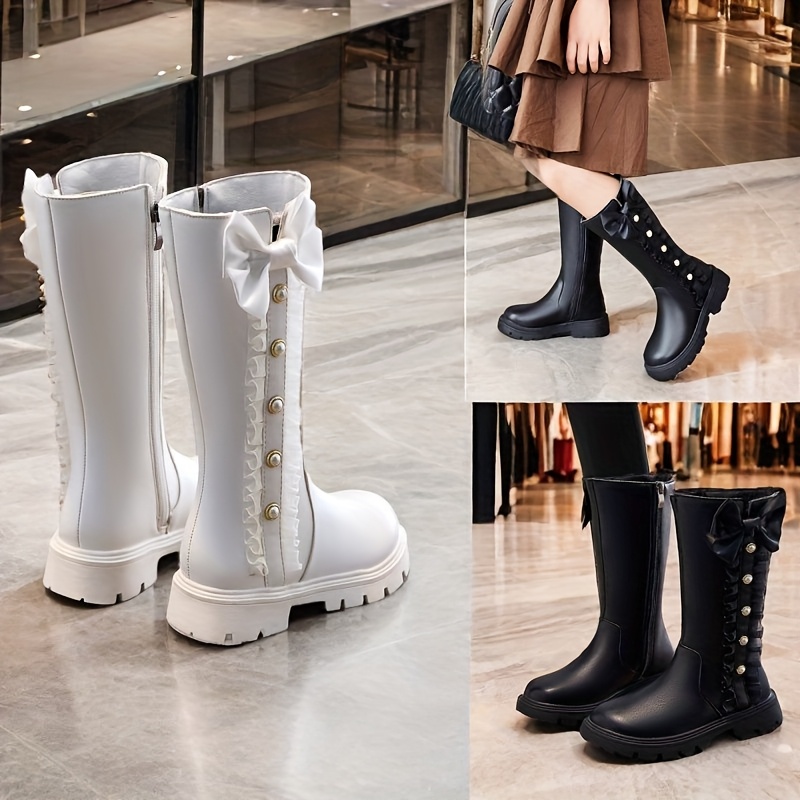 Meisjes Witte & Zwarte Hoge Winterlaarzen met Rits aan de Achterkant