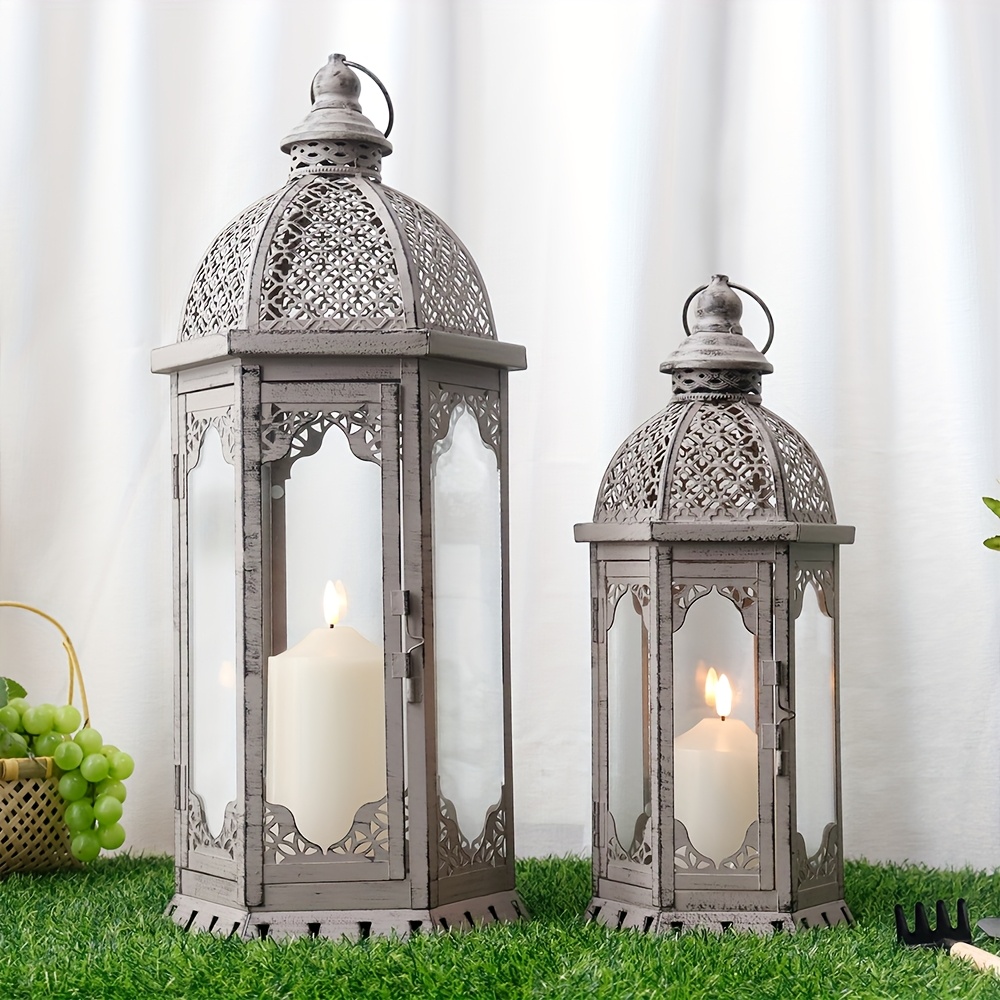 Image of Pair Of Vintage Metal Candle Lanterns, 50cm And 38cm Tall, Ideal For Outdoor Use, Perfect For Gardens, , Living Rooms, Indoor And Outdoor Events, Weddings, And Patios (grey With Golden Accents)