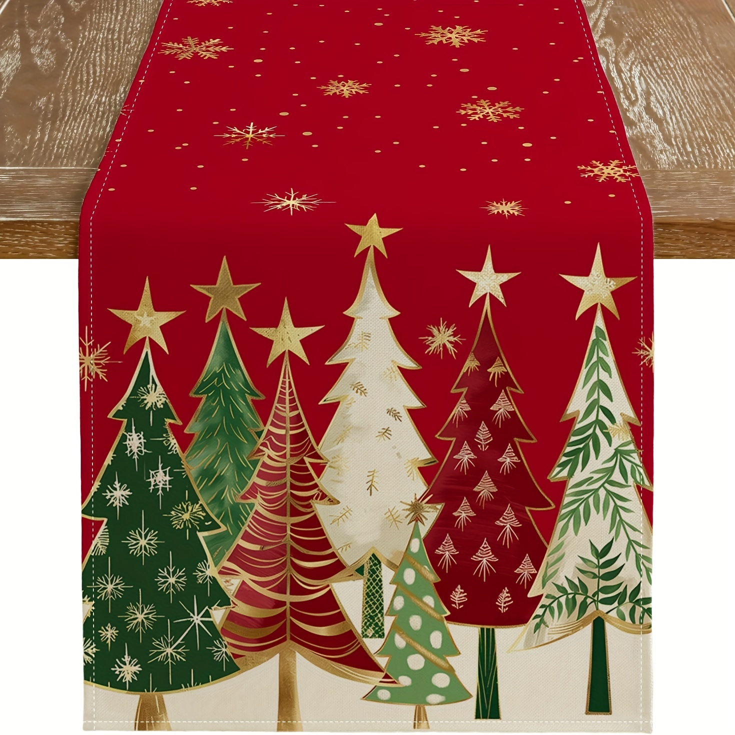 TEMU Christmas Tree Red Linen Table Runner - For & Outdoor Dining