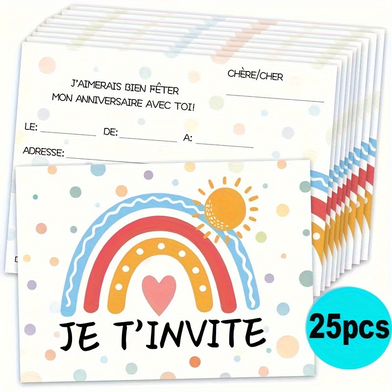 

25pcs JET'INVITE Invitations de Fête d'Anniversaire à Français avec Design Soleil - Invitations en pour Diverses Célébrations, Avec Espace pour Message "JAMERES