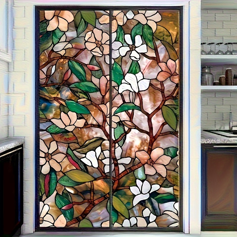 E-shop 90 cm x 200 cm Blumenmuster Statische Fensterfolie, Lichtdurchlässig, aber nicht durchsichtig, geeignet für Glasfenster und Türen