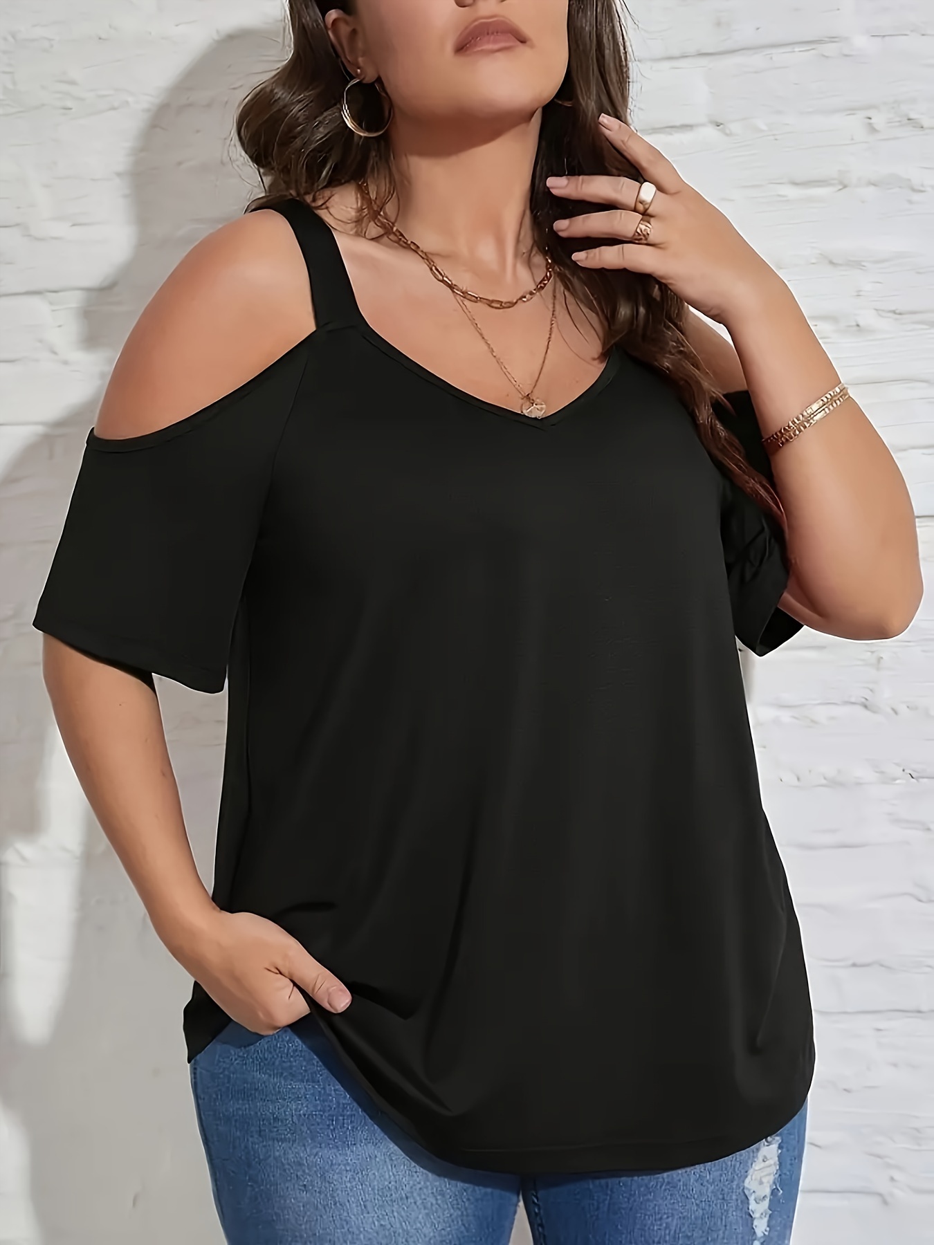 plus size summer fashion shoulder t shirt solid color Temu Germany