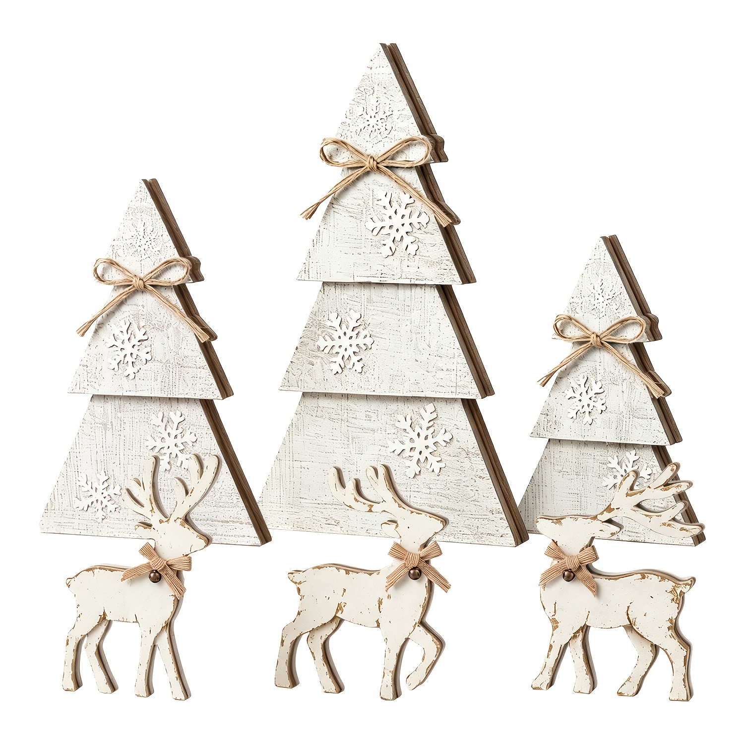 Image of Distressed White Artificial Wood Christmas Tree & Reindeer Set With Snowflake Jute Bow - Rustic Farmhouse Tray Decor Suitable For Xmas Shelf Centerpiece, Tabletop Ornaments, Decoration Gift