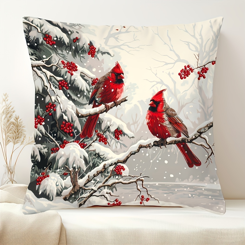 TEMU 1pc Modern Christmas Pillow Cover 18x18 Inch - Red Bird & Print Double-sided Cushion Cover With Zipper Closure, Machine Washable Suitable For