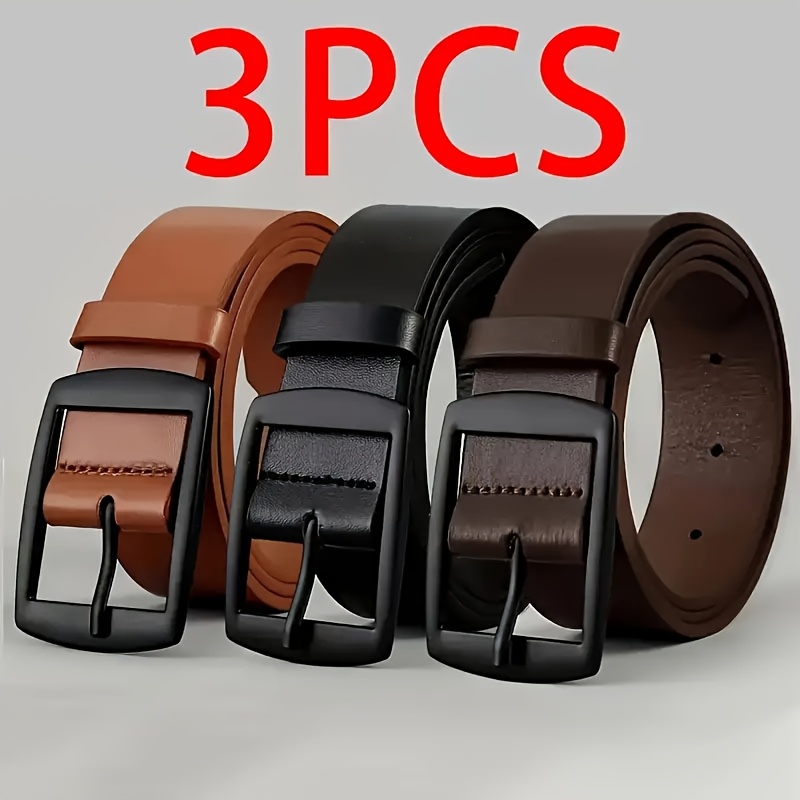E-shop 3er-Pack Herrenmode Gürtel mit metallener Vierkant-Schnalle - Designer Freizeitgürtel für Jeans, 3 Farben (Hellbraun/Schwarz/Dunkelbraun),