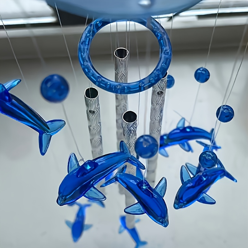 TEMU 1 Set Elegant Wind Chime - Ocean-themed Hanging Decor, Sparkling Plastic Dolphin With Ribbon Bells, Turquoise Hue, Suitable For Garden, Wedding,