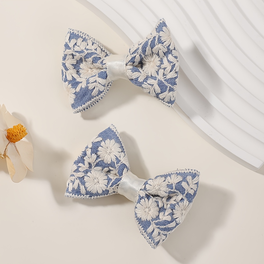 TEMU 2-pack Multicolor Fabric Embroidered Bow Hair Clips, Printed Fabric Ponytail Clips, Holiday Prom Academic Style Fashion Hair Accessories