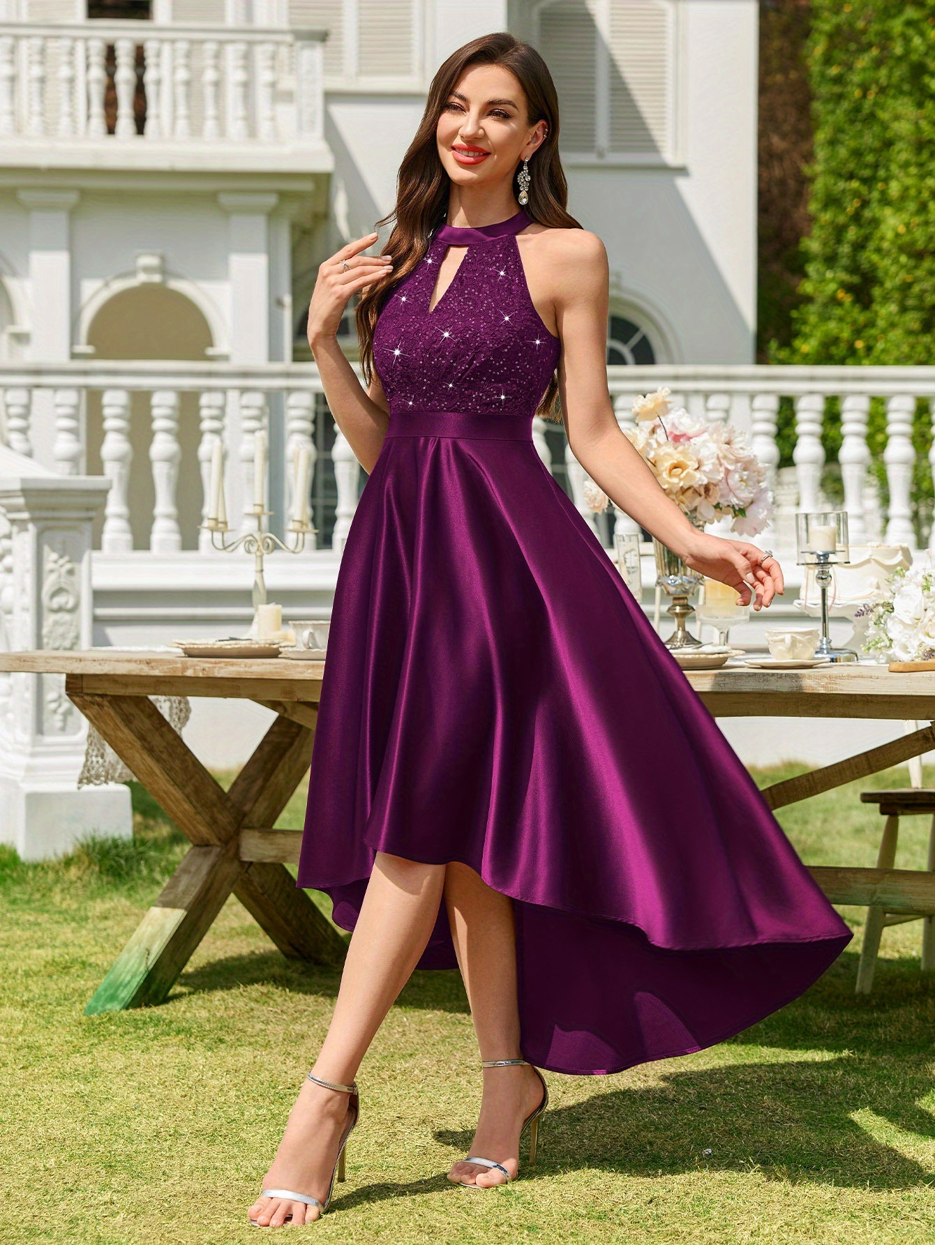 open lace back dress Sparkly Beading Halter Organza Ruffles Front Short Long Back Prom Dresses main image 1