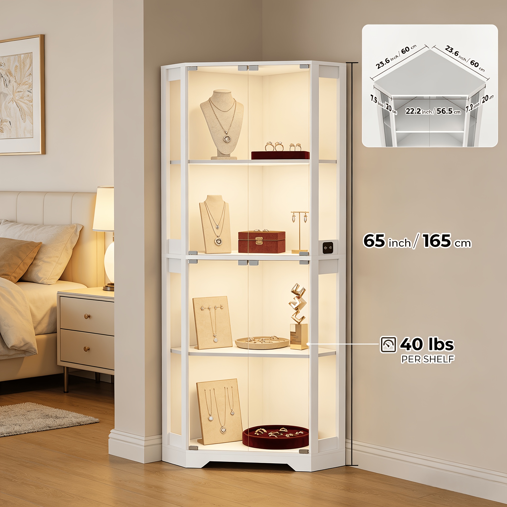 Image of 4 Tier Corner Dining Room Glass Display Cabinet With Door Optional Cut Corner Or Standard Design 3 Color Led Lights Sensor Cabinet For Dining Room Large-capacity Storage