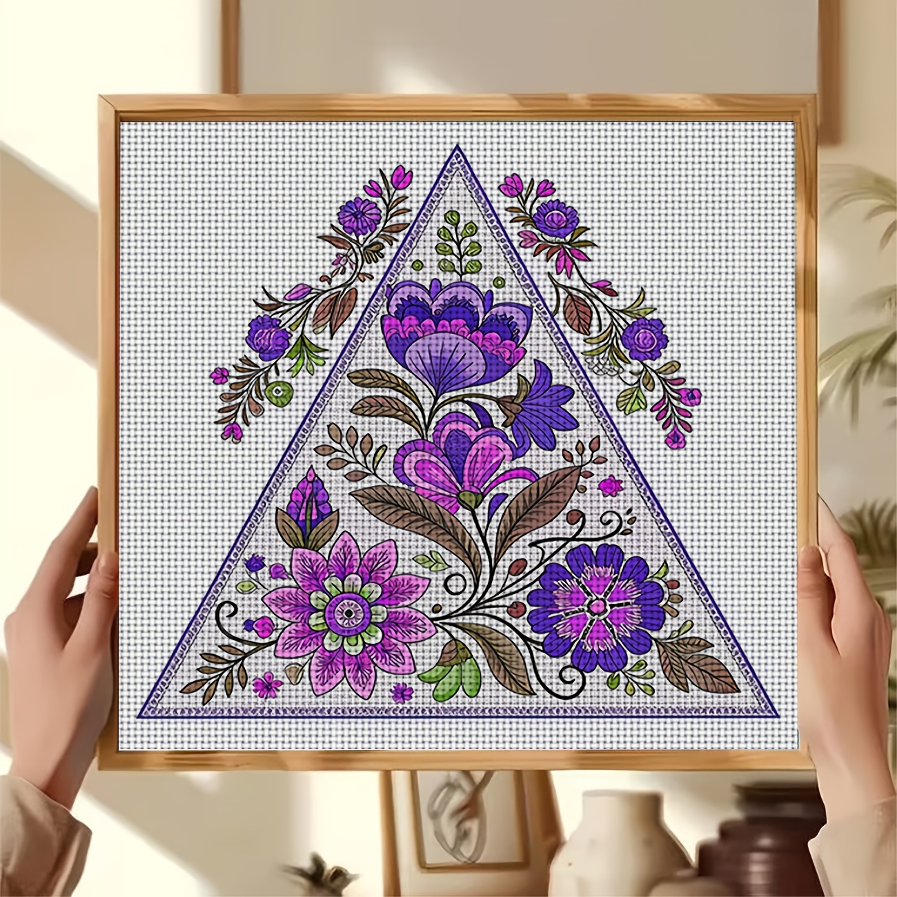 Cross Stitch Printed Kit, Triangular Purple Flower Decorative Pattern