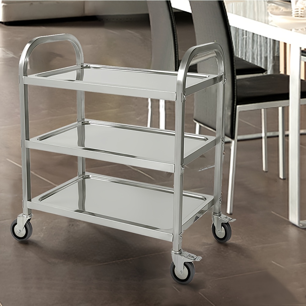 Service Trolley With Wheels, Kitchen Serving Trolley With 3 Shelves 95 * 50 * 95cm - Silvery Chrome Stainless Steel.