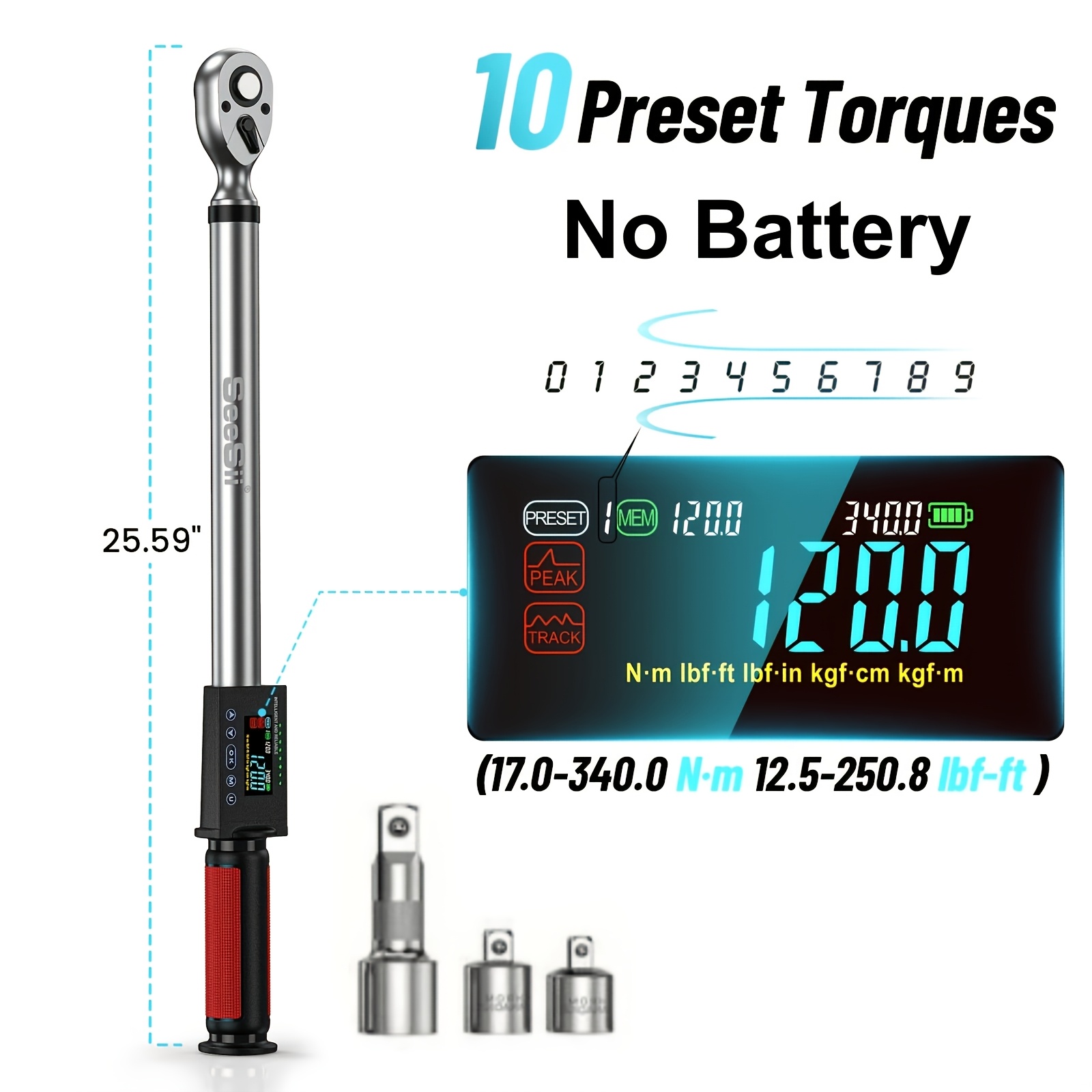 Image of Seesii Professional 1/2" Torque Wrench, 12.5-250.8 Ft-lbs Range, 3 , 2% Accuracy - Ideal For Automotive Maintenance